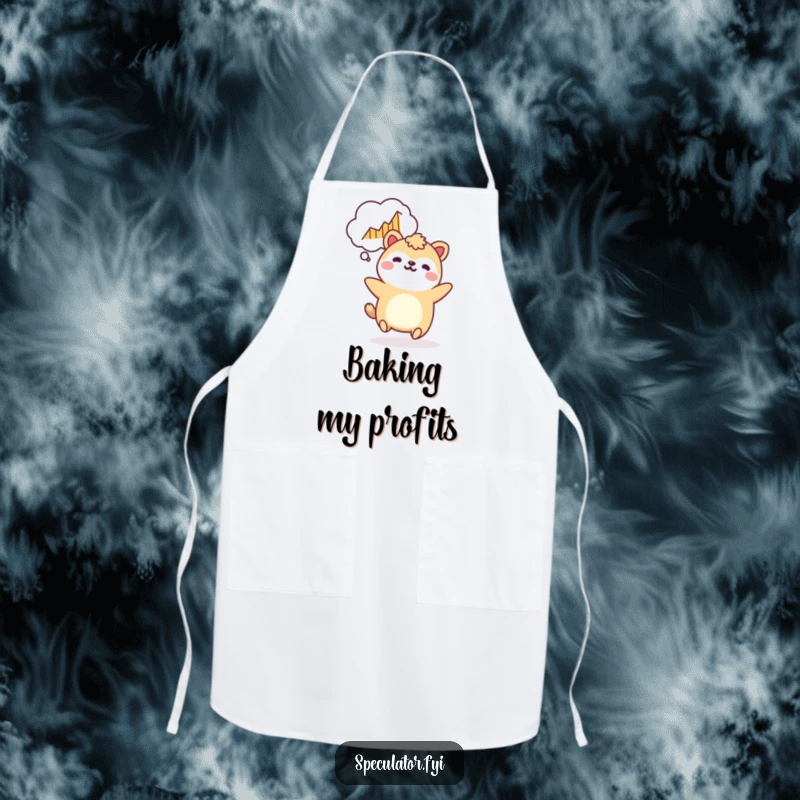 Funny Kawaii animal apron bouncing with a rising graph, for kitchen success and as a funny gift.