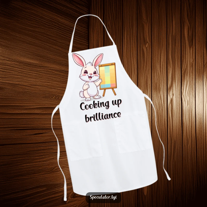 Funny bunny chef apron, confidently pointing at a colorful chart, perfect for kitchen humor.
