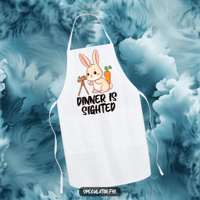 Funny apron graphic showing a rabbit with a telescope, searching the sky for a large carrot, for kitchen fun.