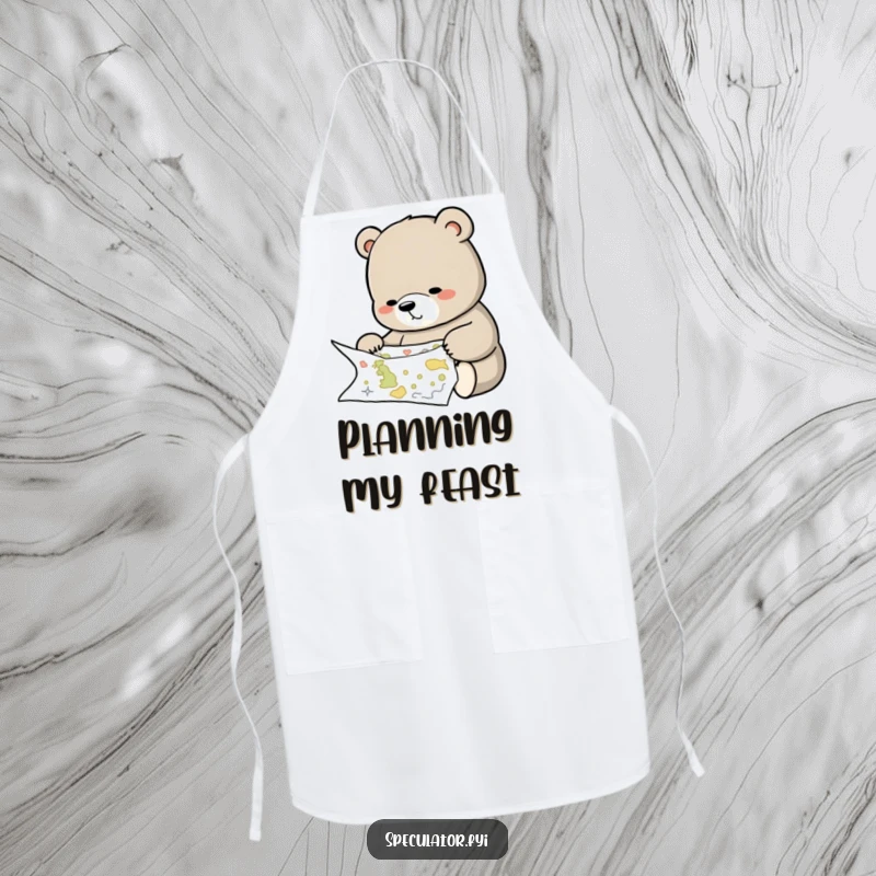 Funny apron graphic showing a thoughtful bear studying a complex map, for kitchen planning fun.