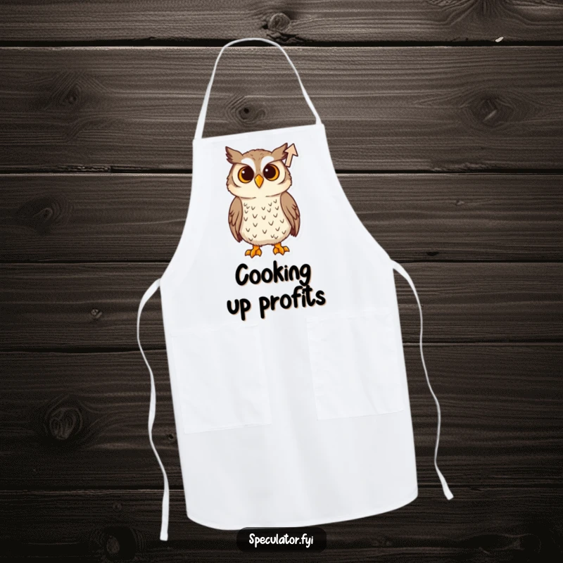 Funny Apron: Kitchen apron adorned with a curious owl observing a rising arrow, designed for thoughtful cooking.