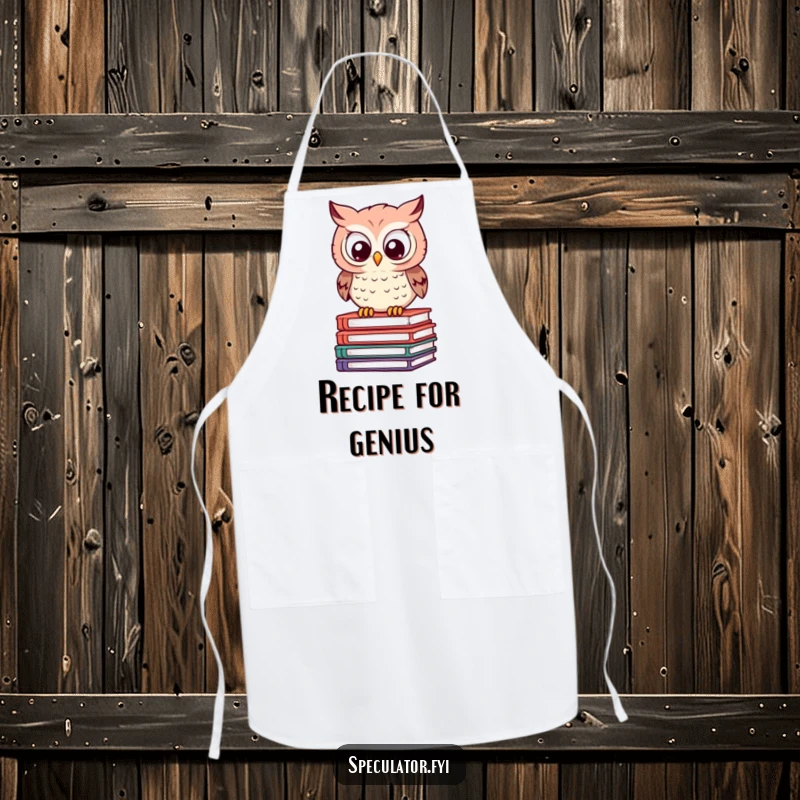 Funny Owl Apron: a clever owl calculates on books, adding humorous flair to culinary tasks.