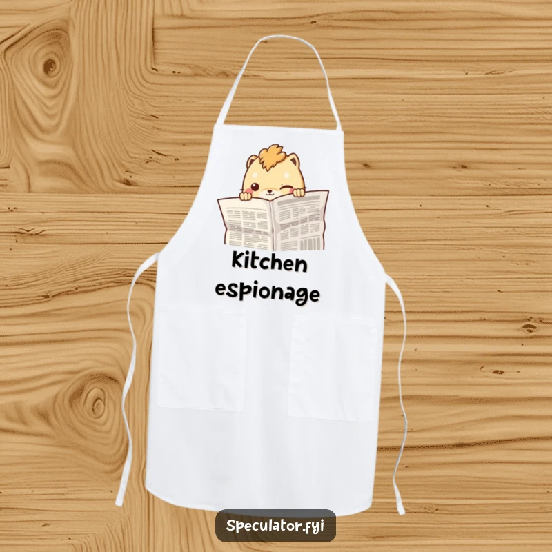 Funny creature peeking mysteriously from behind a newspaper with a knowing smirk, perfect for a humorous apron.