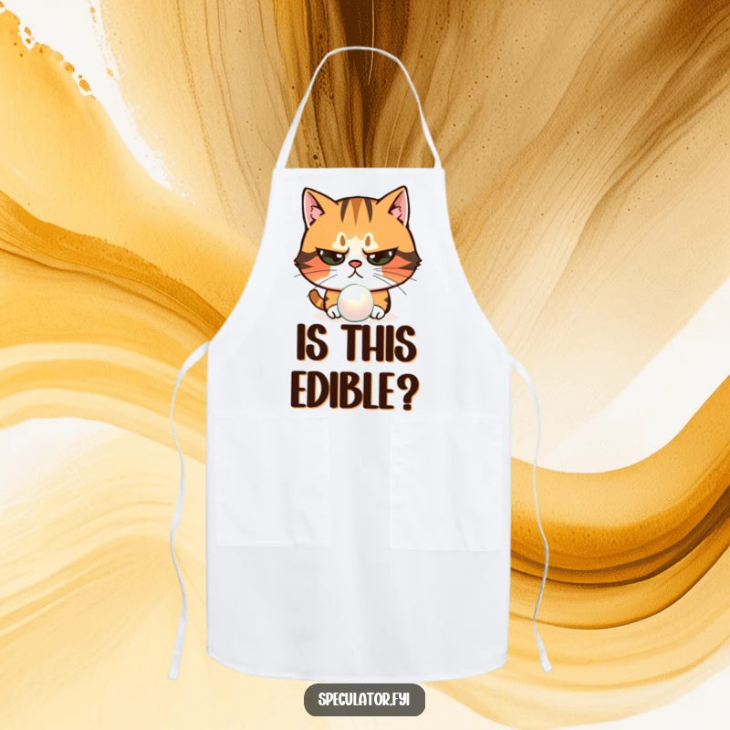 Funny skeptical cat apron examining shimmering object with narrowed eyes, a suspicious pet character ready for kitchen scrutiny.