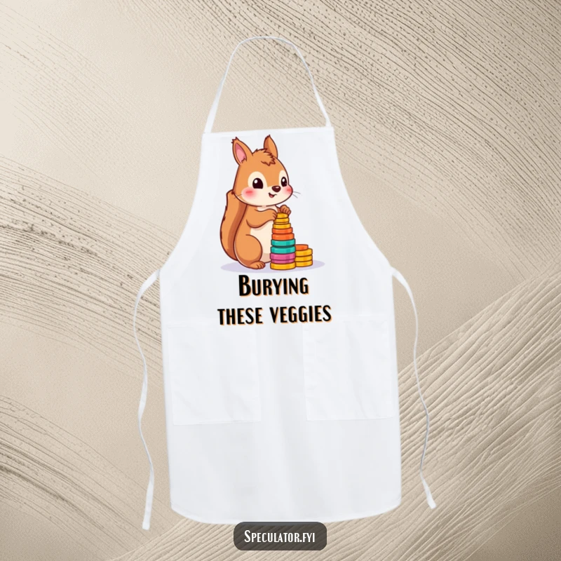 Funny kitchen apron showing a cute squirrel busy counting a pile of colorful tokens, perfect for cooking enthusiasts.