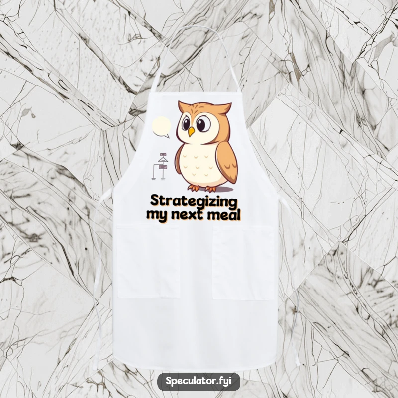 Funny chef owl apron with a bird pondering a complex flowchart, ideal for kitchen wizards who love a good laugh while cooking.