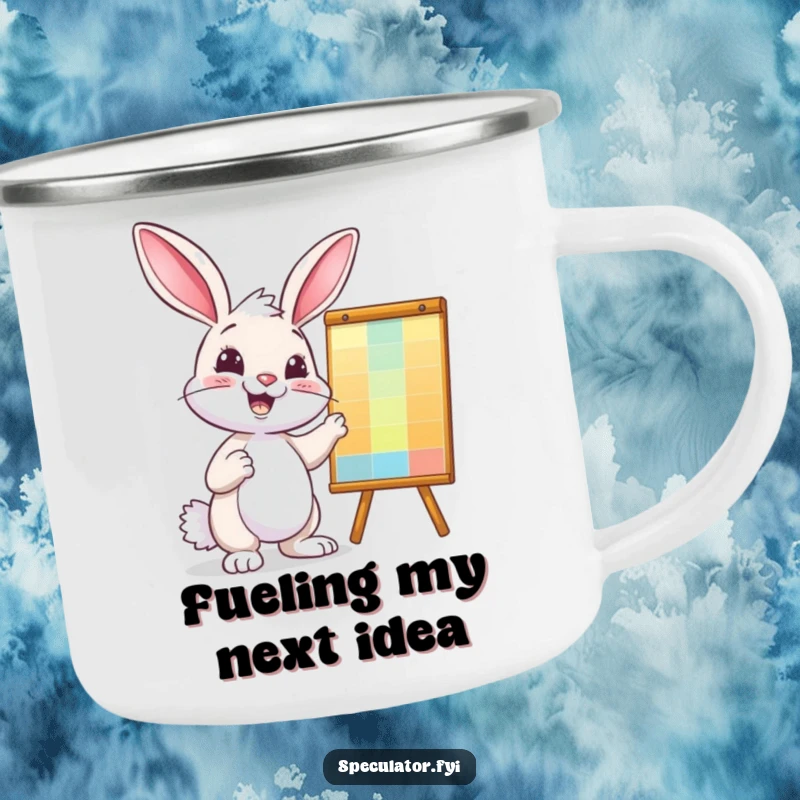 Funny bunny camping mug, confidently pointing at a colorful chart, durable and humorous design.