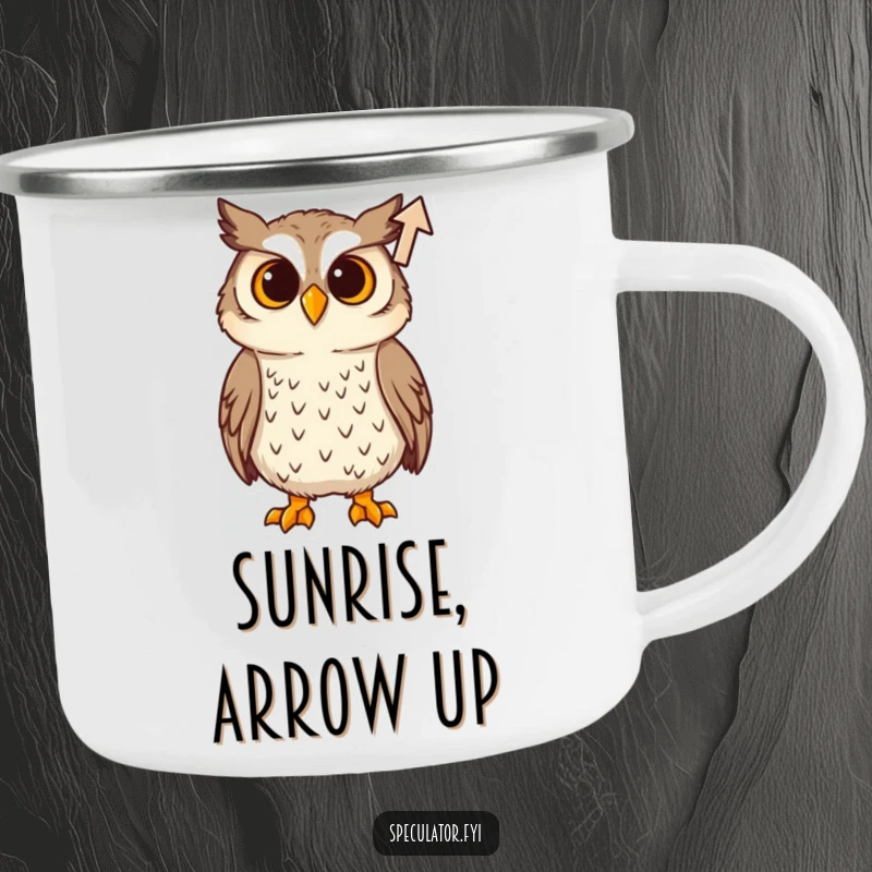 Funny Camping Mug: Enamel mug featuring a curious owl observing a rising arrow, perfect for enjoying beverages outdoors with wisdom.