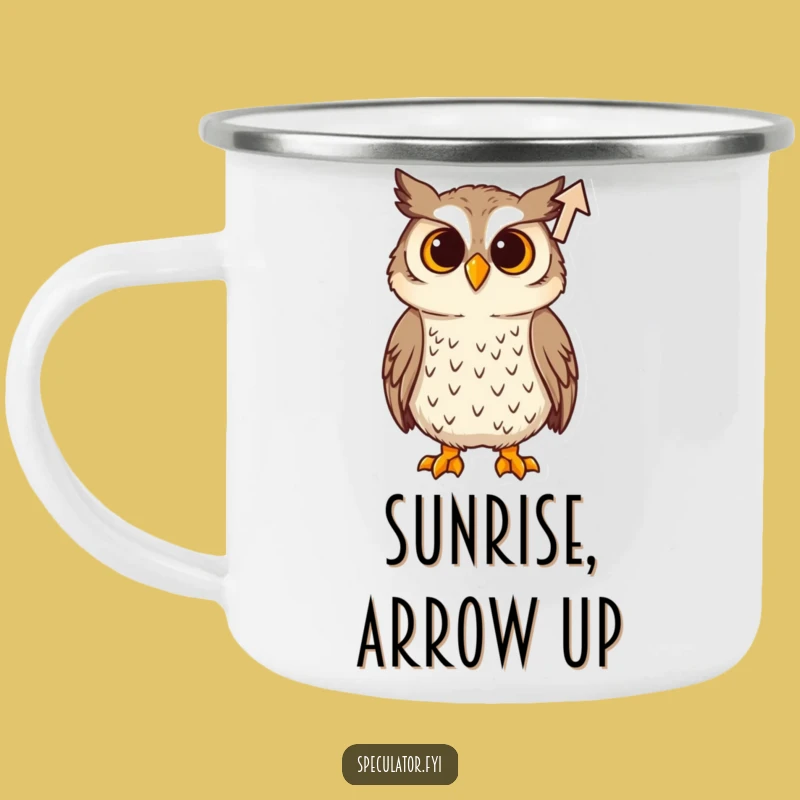 Funny Curious Owl Arrow Camping Mug: Ponder Nature's Trends!
