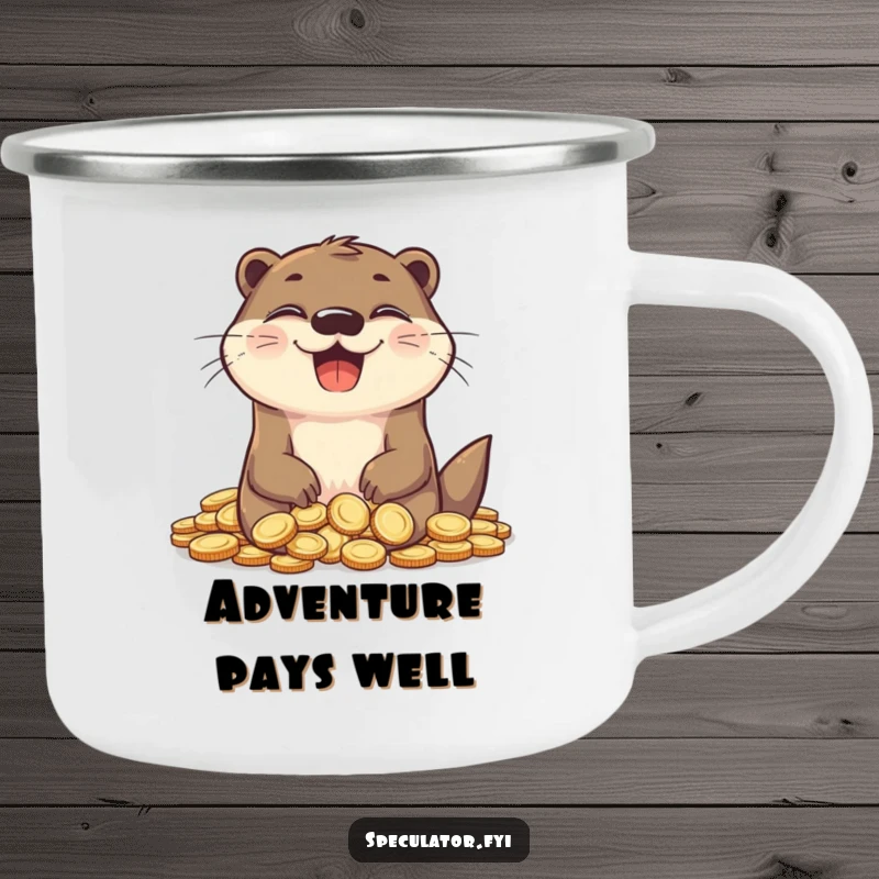Funny otter camping mug, grinning with delight, surrounded by coins, durable and humorous.