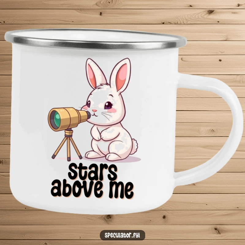 Funny curious bunny camping mug peering through tiny telescope, a little explorer character for rugged outdoor discoveries.