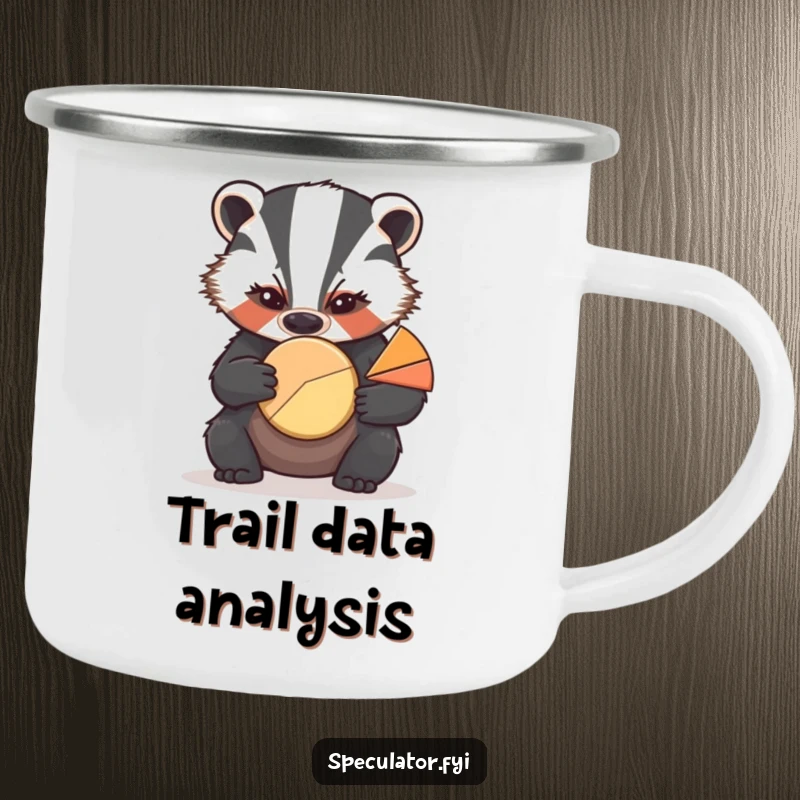 Funny enamel camping mug with a serious badger examining a pie chart, perfect for outdoor analysis.