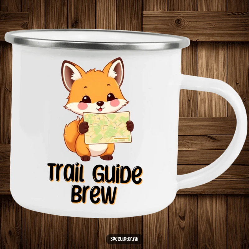 Funny Fox Cub Map Camping Mug showing a happy cub holding a tiny map, perfect for outdoor beverages and sparking humorous adventures.