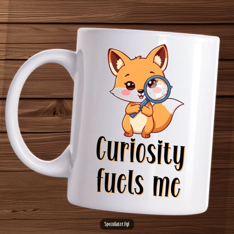 Funny cheerful fox holding magnifying glass to question mark mug, a curious detective character investigating mysteries.