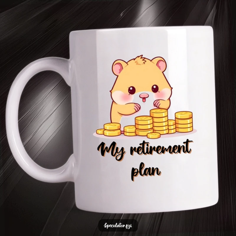 Funny kawaii hamster character meticulously counting a large stack of shiny gold coins with a determined expression on a mug.