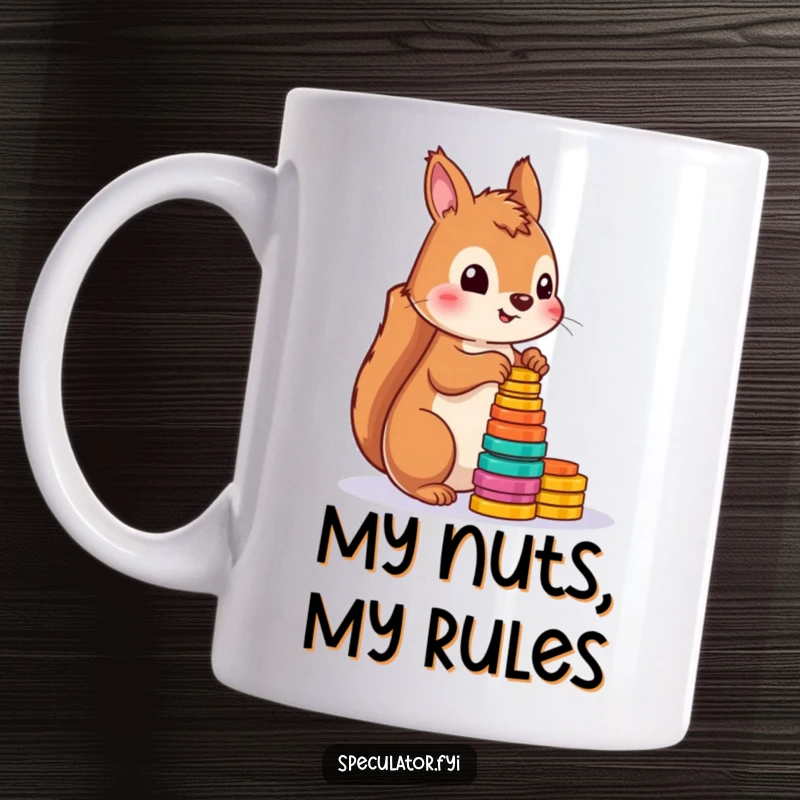 Funny squirrel mug with a playful expression counting a stack of vibrant tokens, showcasing a fun and lighthearted design.