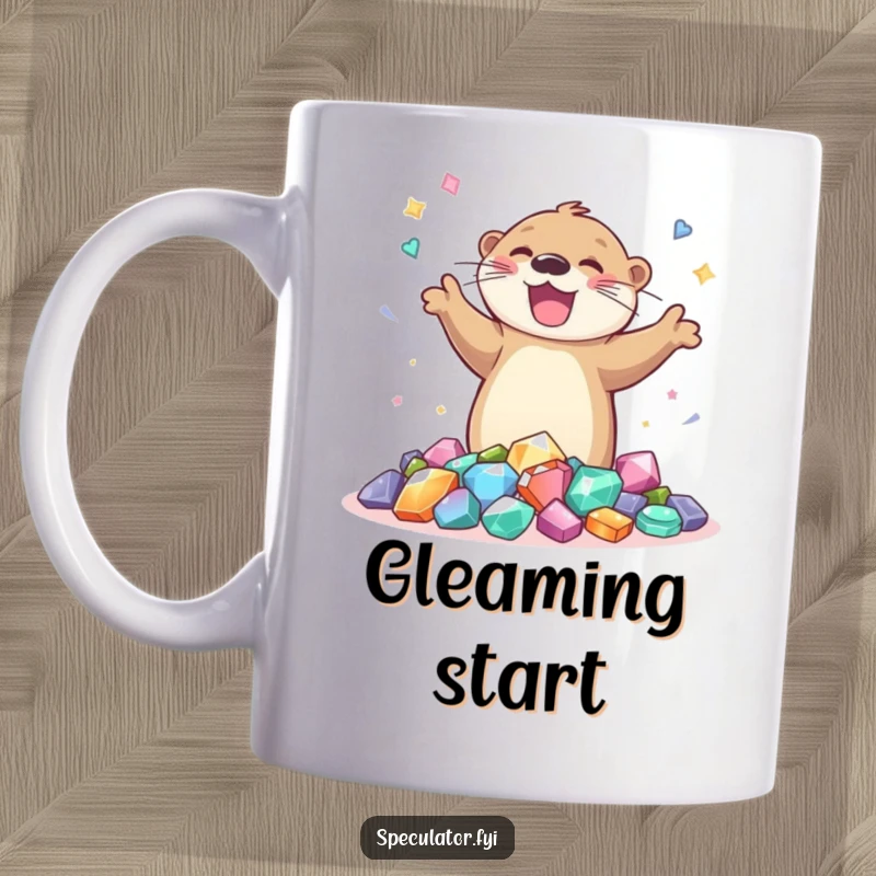 Funny mug depicting a joyful otter doing a happy dance around a large pile of colorful, sparkling gems.