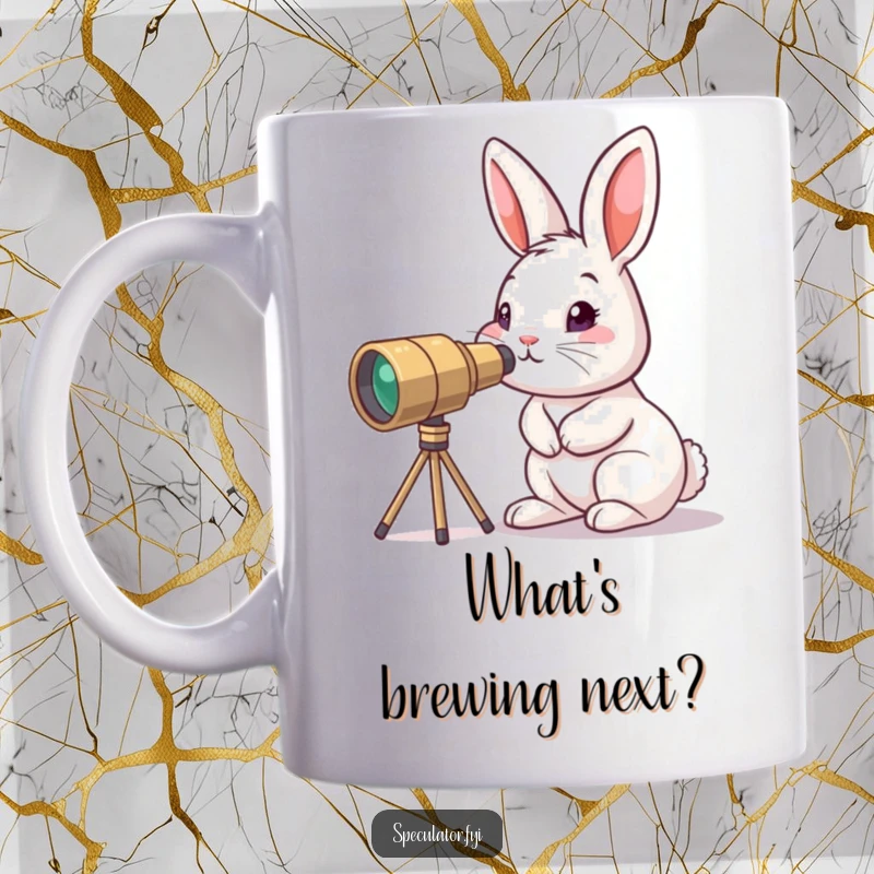Funny curious bunny peering through tiny telescope mug, a little explorer character discovering the wonders of the world.