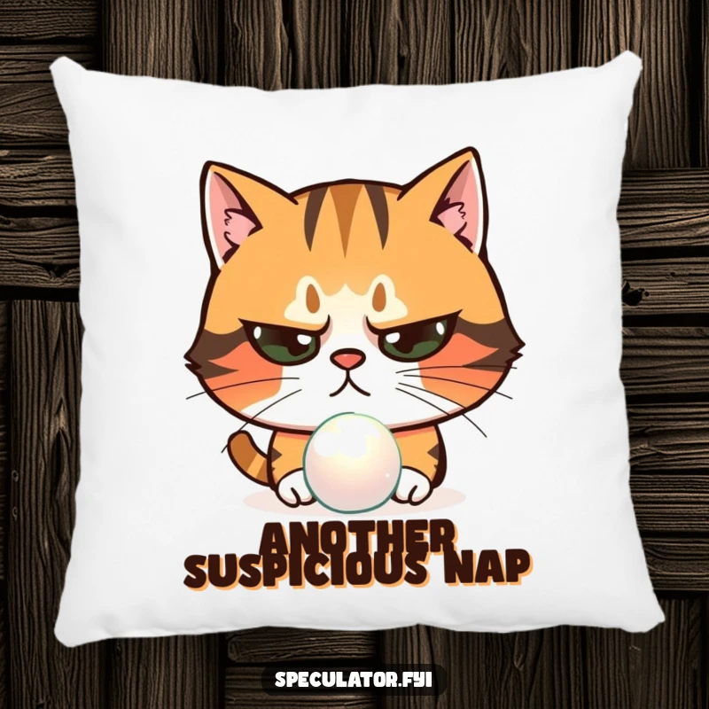 Funny skeptical cat pillow examining shimmering object with narrowed eyes, a cozy suspicious character perfect for quiet contemplation.