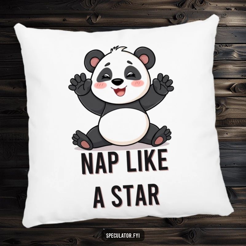 Funny Pillow featuring a smiling panda performing a dramatic pose, offering comfort and a symbol of playful theatricality.