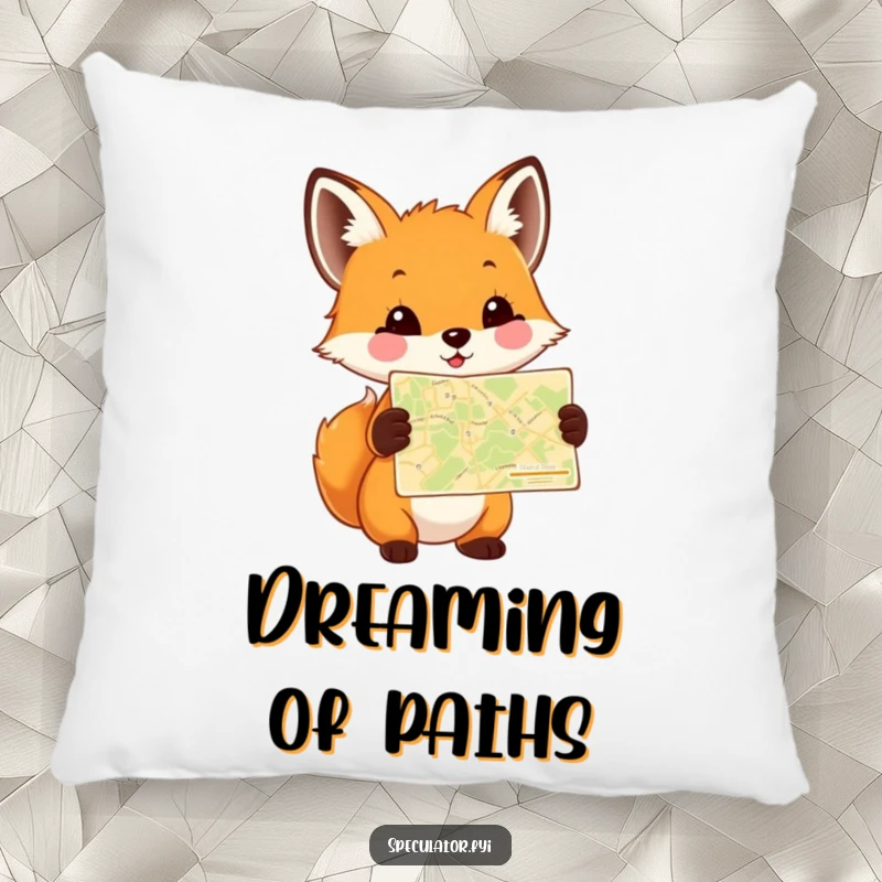 Funny Fox Cub Map Pillow with a happy cub holding a tiny map, offering plush comfort and a touch of adventurous humor.