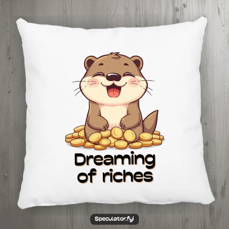 Funny otter decorative pillow, grinning with happiness, surrounded by shiny coins, soft and humorous.