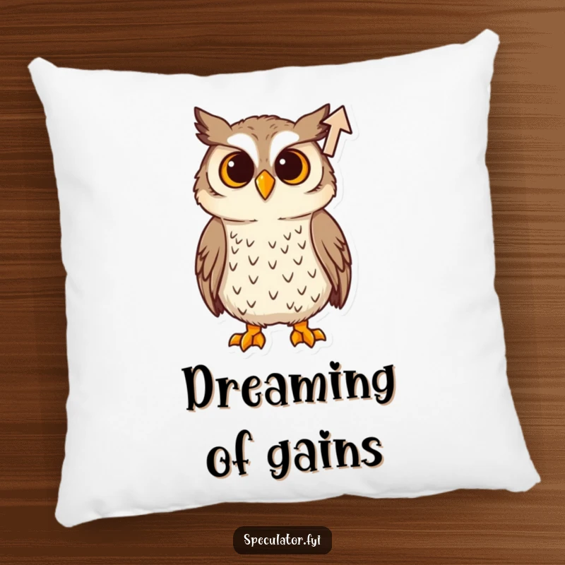 Funny Pillow: A soft cushion featuring a curious owl with its head tilted, watching a rising arrow, bringing comfort and thought.