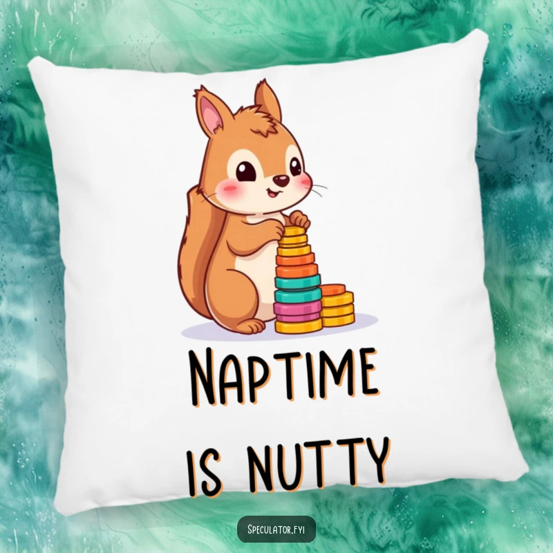 Funny decorative pillow with a cute squirrel counting colorful tokens, offering comfort and a humorous design.