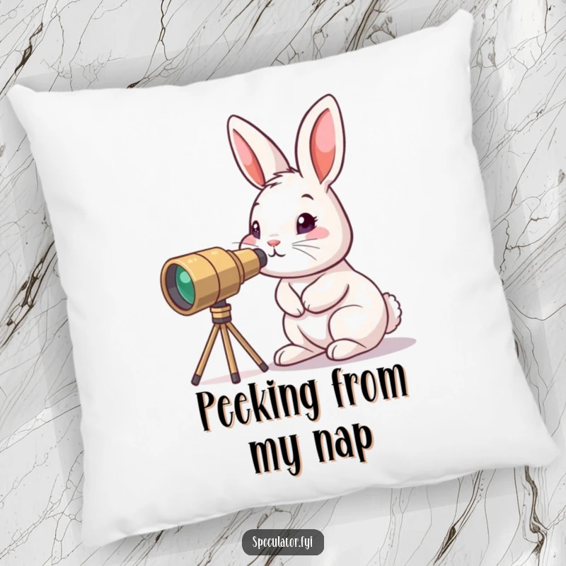 Funny curious bunny pillow peering through tiny telescope, a cozy little explorer character perfect for sweet dreams.