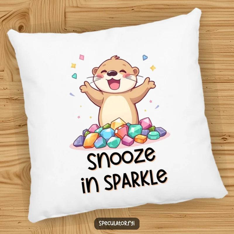 Funny and cozy pillow with a joyful otter dancing around gems, perfect for adding a touch of playful sparkle to any room.