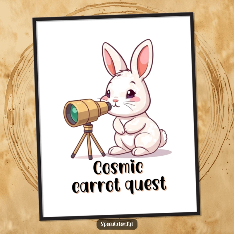 Funny curious bunny digital art print peering through tiny telescope, a little explorer character ready to inspire awe.