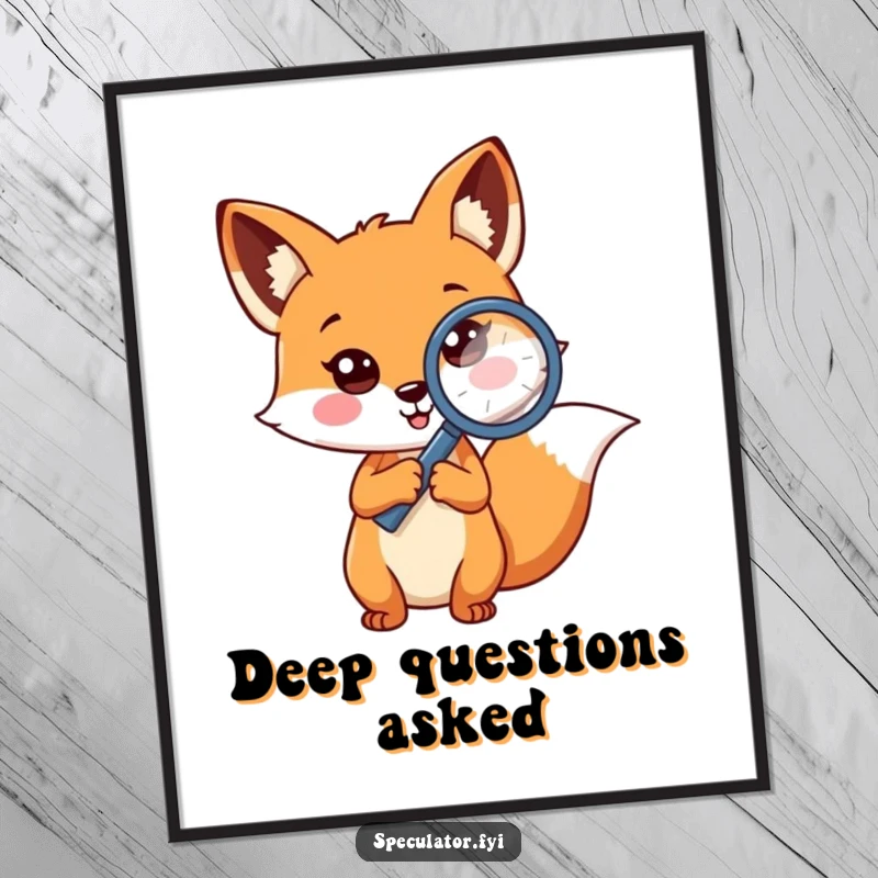 Funny cheerful fox digital art print holding magnifying glass to question mark, a curious detective character ready to intrigue.