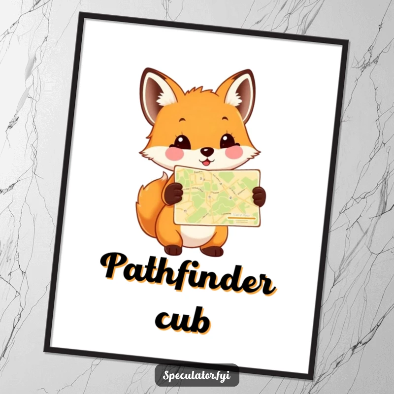 Funny Fox Cub Map Digital Art Print of a happy cub holding a tiny map, bringing whimsical adventure and charming humor to digital displays.