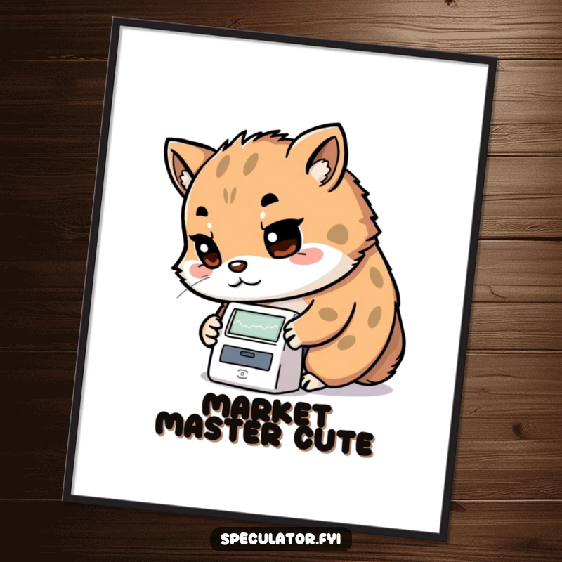 Funny Kawaii animal digital art print with determined look examining a stock ticker, witty decor and a funny gift.