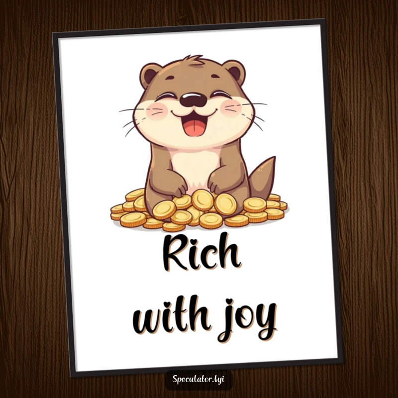 Funny otter digital art print, grinning with glee, surrounded by a hoard of coins, whimsical.