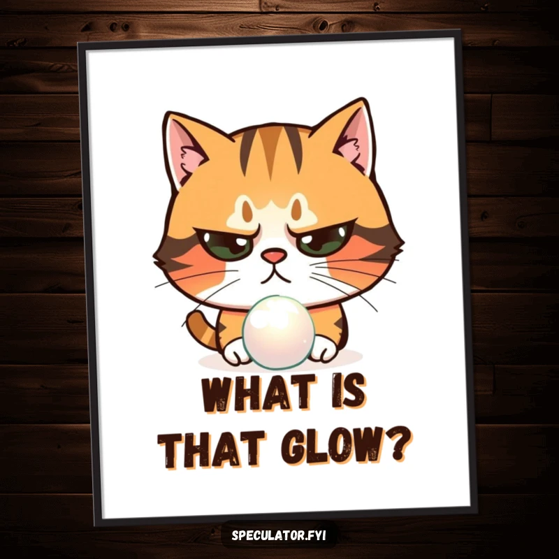 Funny skeptical cat digital art print examining shimmering object with narrowed eyes, a suspicious pet character ready to intrigue.