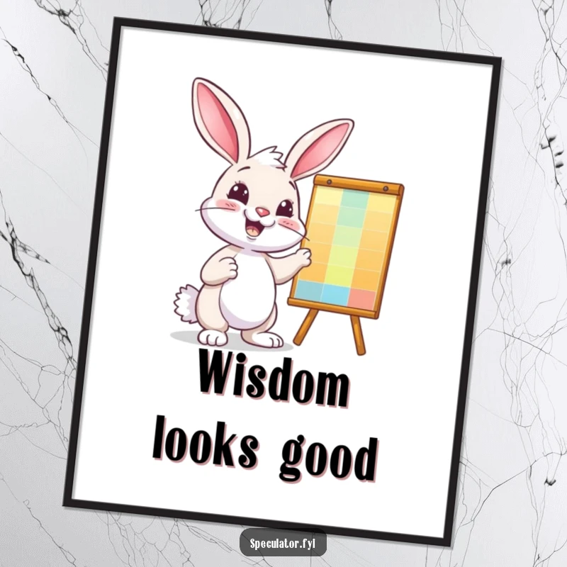 Funny bunny digital art print, confidently presenting a vibrant, upward-trending business chart, wall decor.