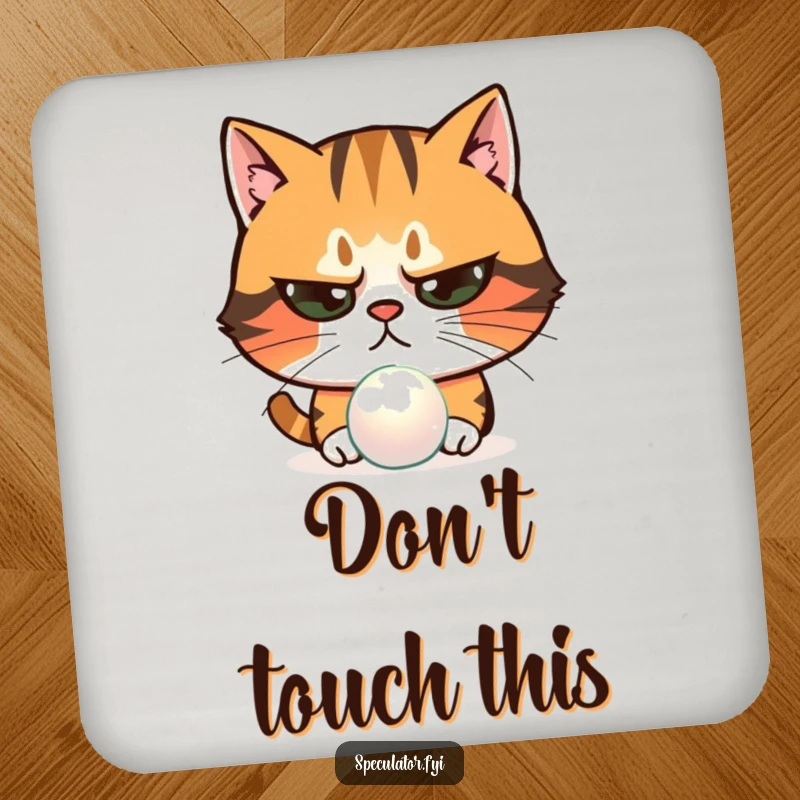 Funny skeptical cat coaster examining shimmering object with narrowed eyes, a suspicious pet character protecting furniture with style.