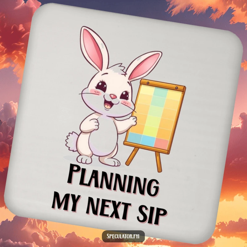 Funny bunny drink coaster, confidently pointing at a colorful business chart, protects surfaces humorously.