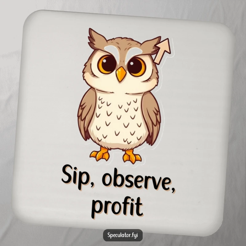 Funny Drink Coaster: A coaster designed with a curious owl observing a rising arrow, offering surface protection with wisdom.