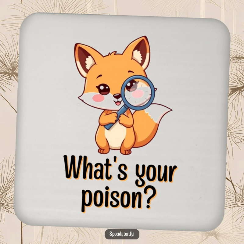 Funny cheerful fox coaster holding magnifying glass to question mark, a curious detective character protecting furniture with style.