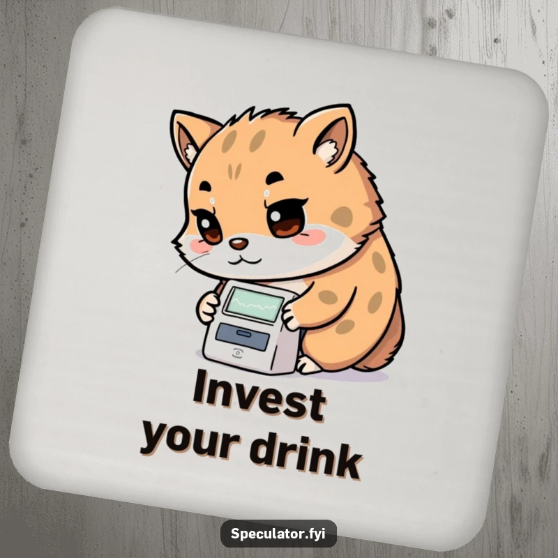 Funny Kawaii animal coasters with determined look examining a stock ticker, stylish protection and a funny gift.