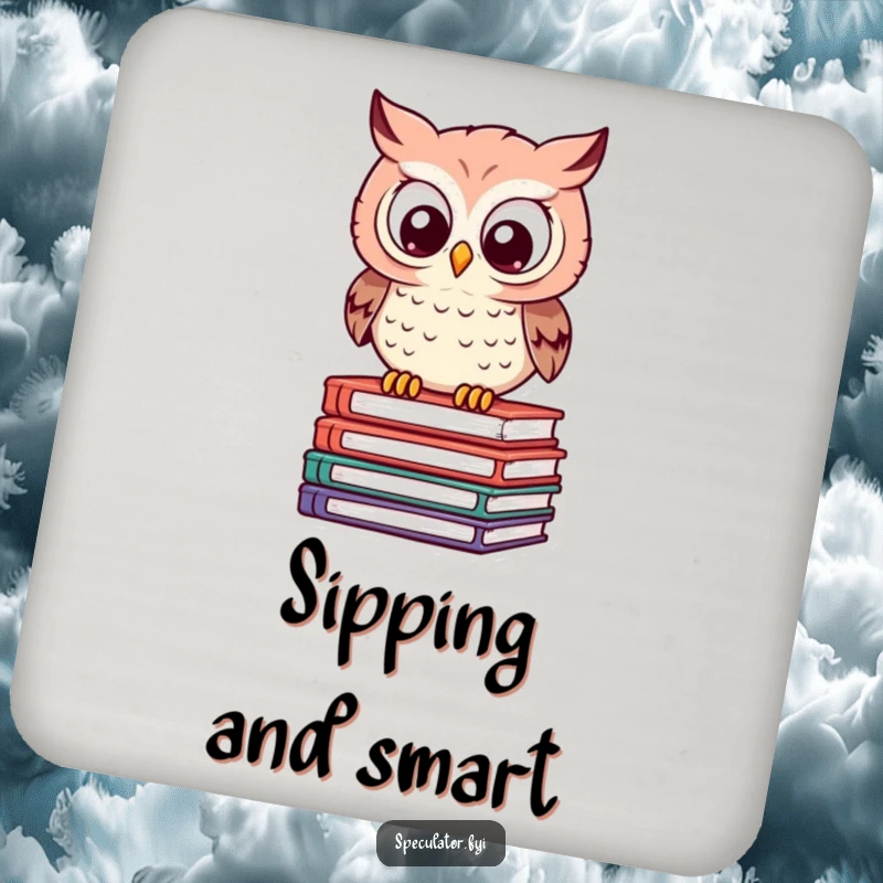 Funny Owl Coaster: a clever owl calculates on books, offering a humorous and functional surface protector.