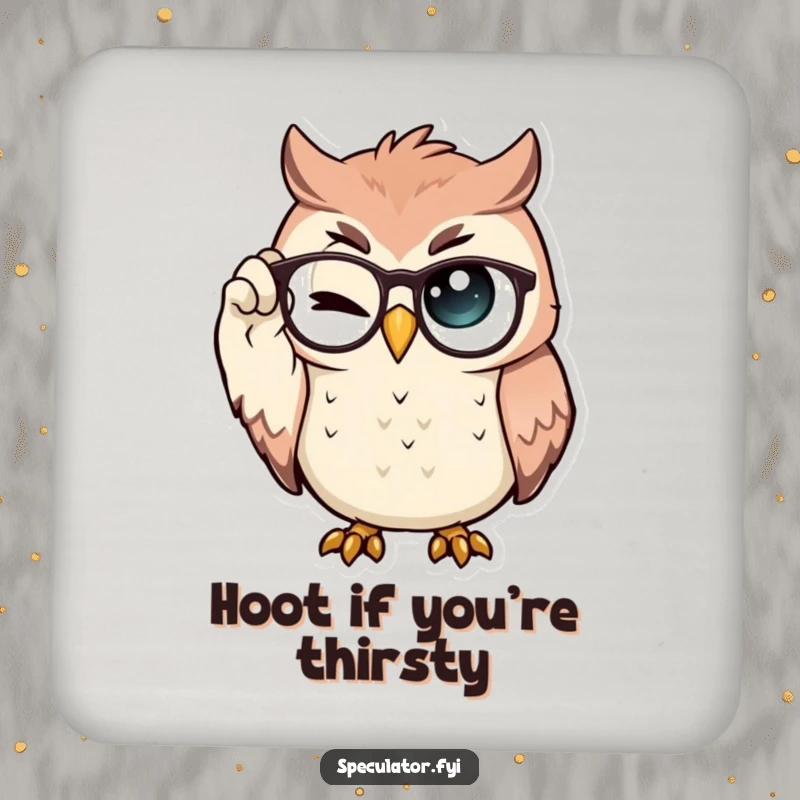 Funny Coaster set with a proud owl adjusting spectacles and winking, offering surface protection with intellectual and playful charm.