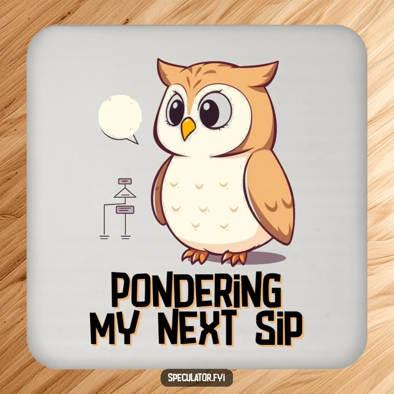 Funny owl flowchart coasters showcasing a bird deeply engrossed in a diagram, designed to protect surfaces while adding a touch of clever wit.