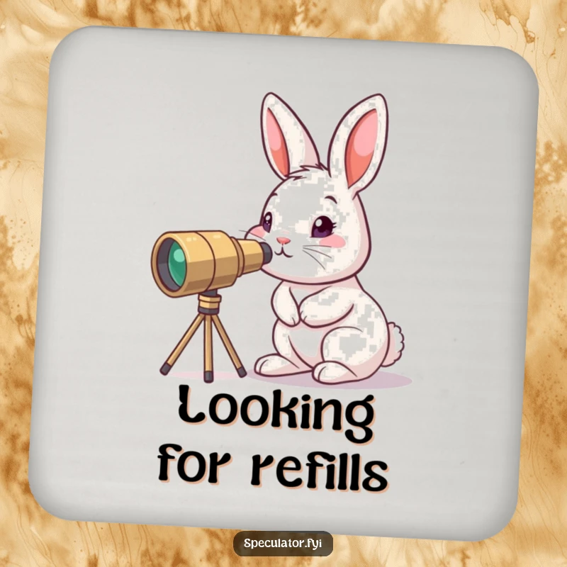 Funny curious bunny coaster peering through tiny telescope, a little explorer character protecting furniture with charm.