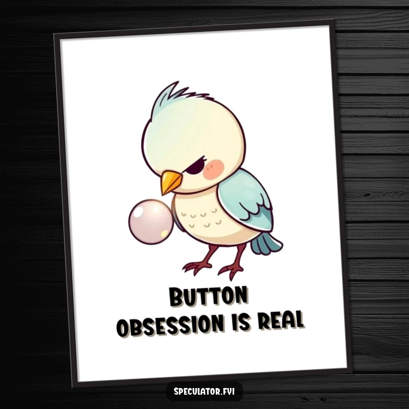 Funny poster featuring a kawaii bird examining a shiny button with intense focus, adding whimsical and humorous wall decor.