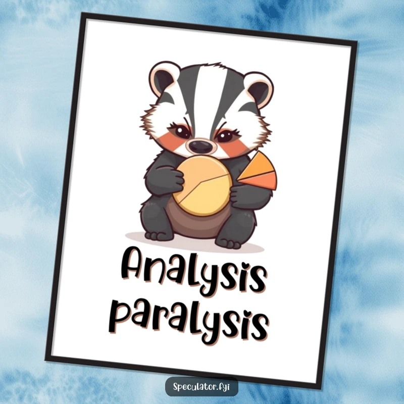 Funny poster featuring a determined badger with a furrowed brow closely examining a pie chart, perfect for office decor.