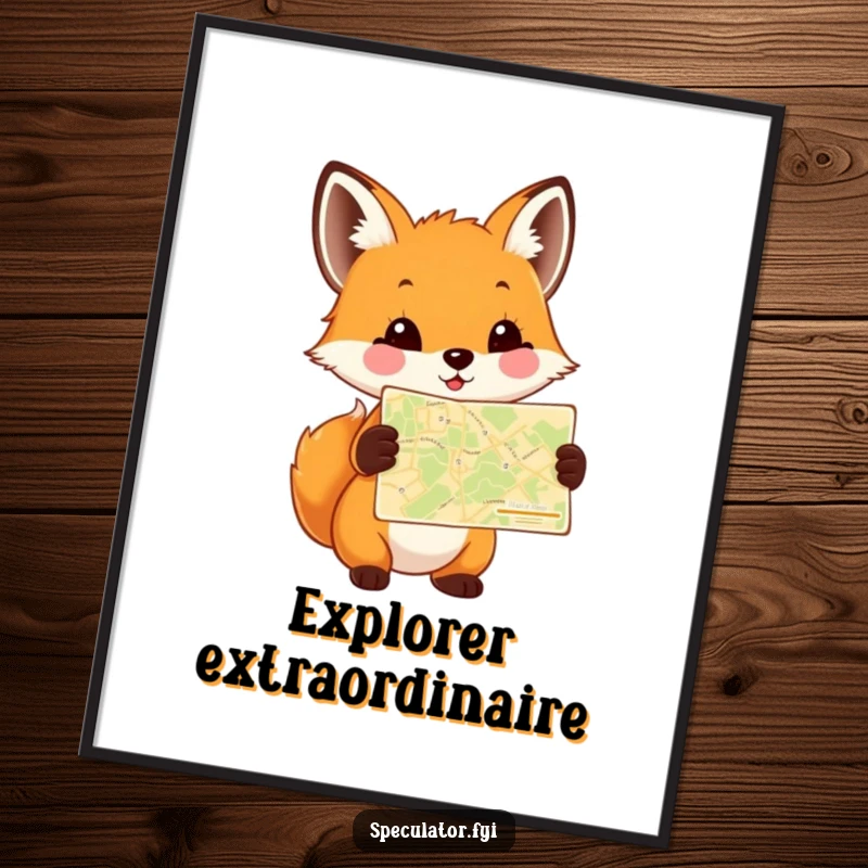Funny Fox Cub Map Poster depicting a happy cub holding a tiny map, bringing whimsical adventure and humorous charm to wall decor.