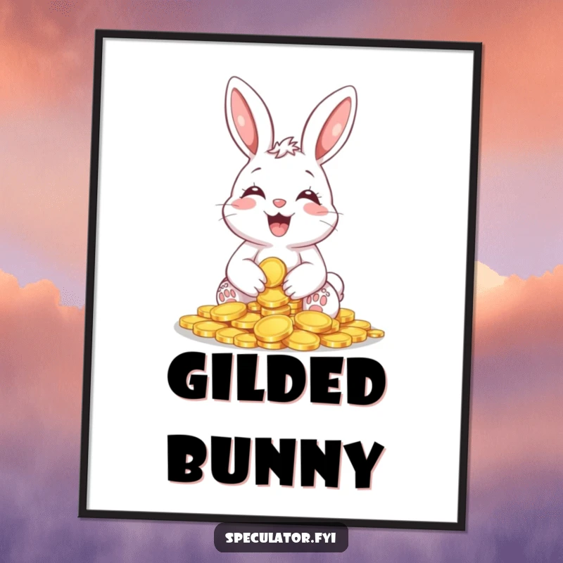 Funny Giggling Bunny Coin Poster depicting a happy bunny holding shiny coins, bringing humorous fortune and charming joy to wall decor.